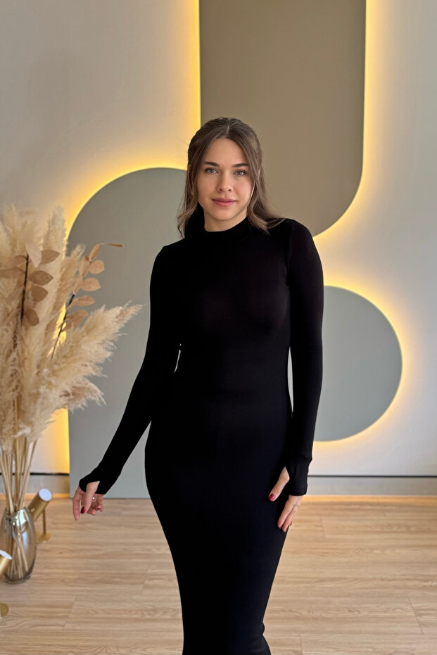 Rochie lungă neagră Finger Slip basic - 8