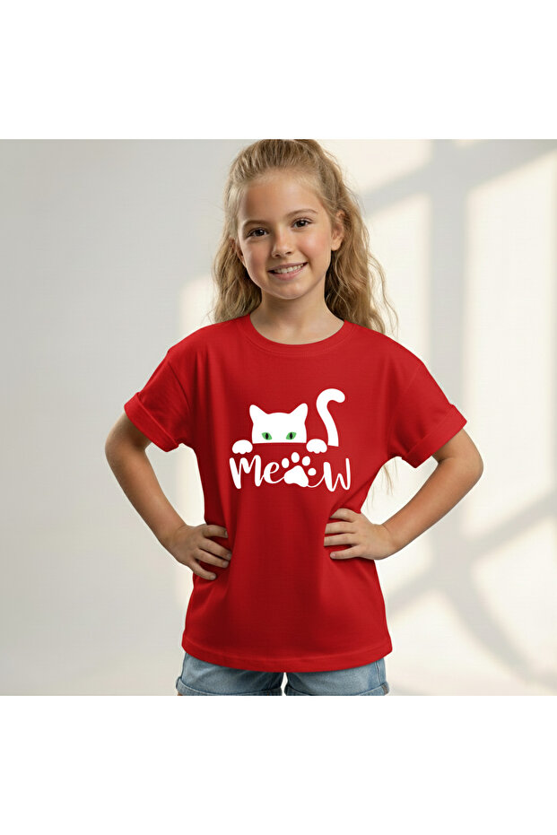 Meow Cat Printed T-Shirt for Girls with Bicycle Collar