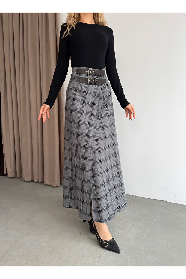 High Waist Half Belt Detailed Flared Front Openable Hidden Buttoned Slit Prenium Long Plaid Skirt