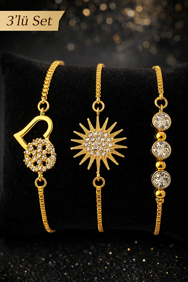 Gold Color Steel Zircon Stone Women's Bracelet 3-Piece Gift Set
