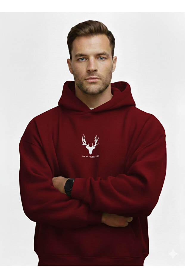 Three Thread Hooded Inside Cotton Lucky to Meet You B Printed O Oversized Sweatshirt