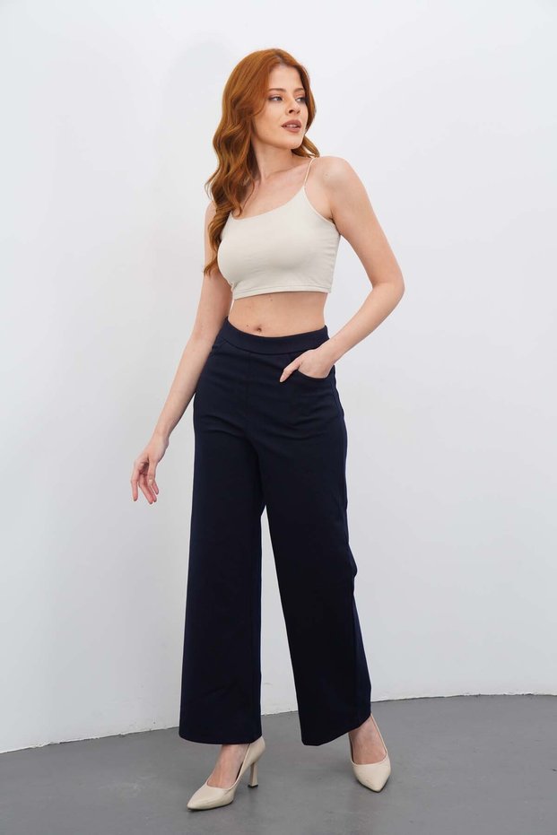 Women's Navy Blue High Waist Pocketed Wide Leg Pants Palazzo Pants