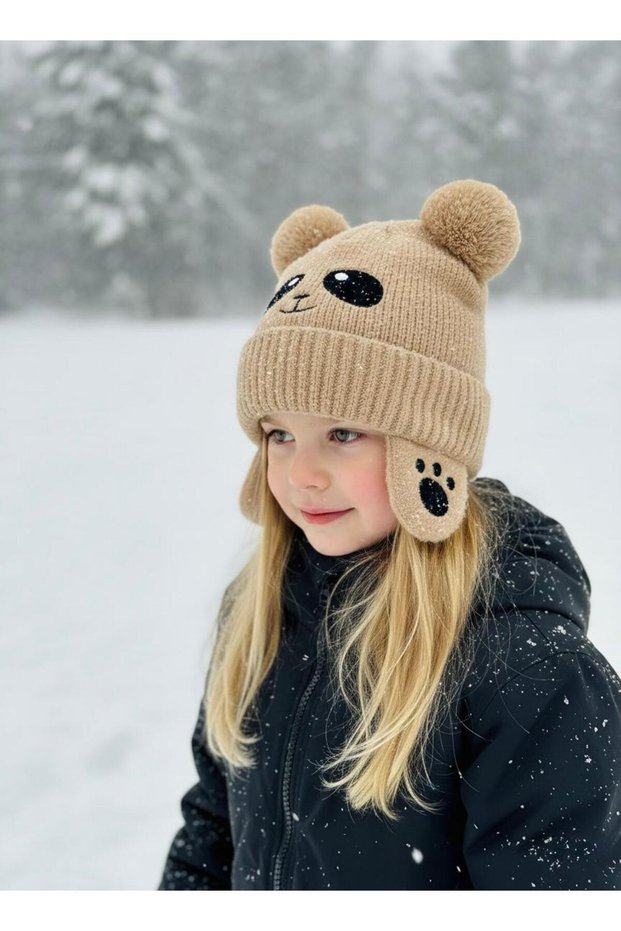 Unisex Children's Premium Snow Beanie with Fleece Inside and Ear Protection - Panda