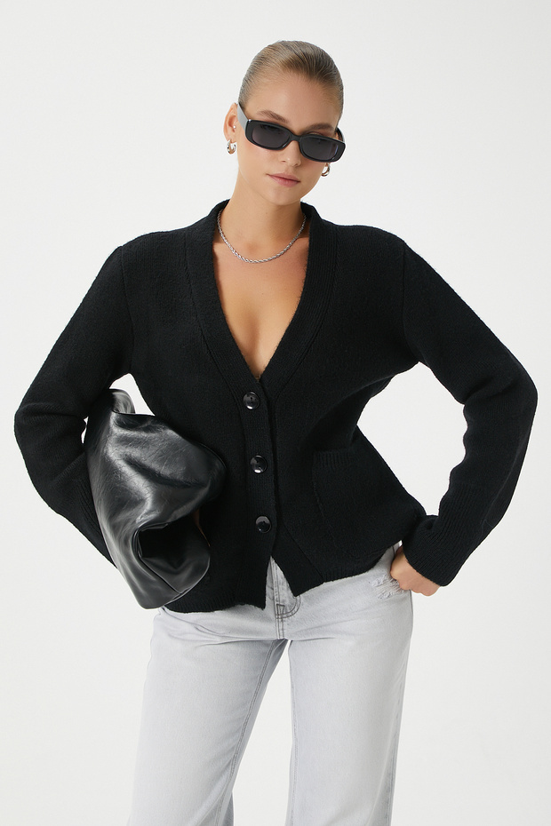 Women's Alexa Tok Textured Black Pocket Cardigan