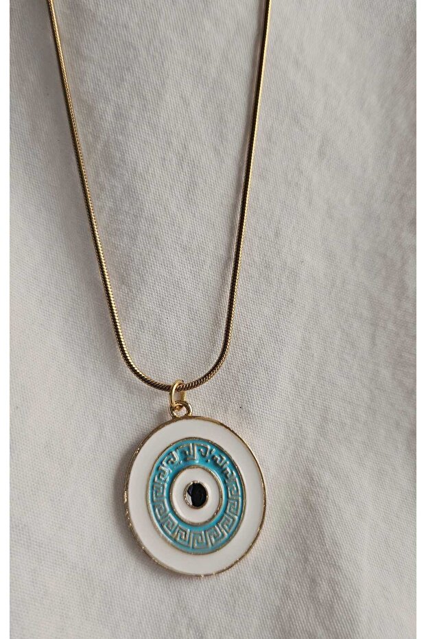 Stainless Steel White Mineral Evil Eye Medallion Necklace-Gold