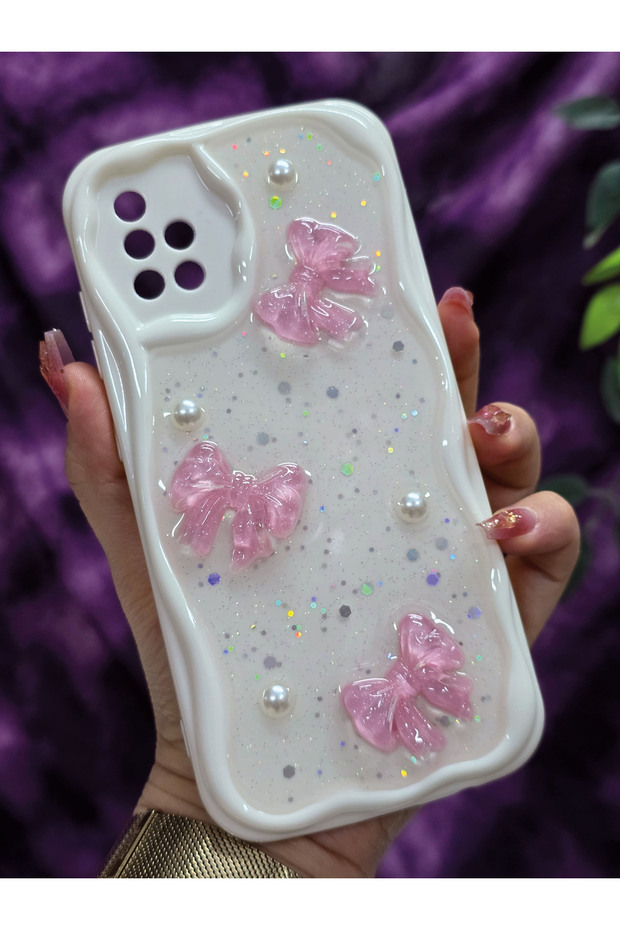 Samsung Galaxy A51 Compatible Pink Bow & Pearl Detailed Glittery Epoxy Phone Case