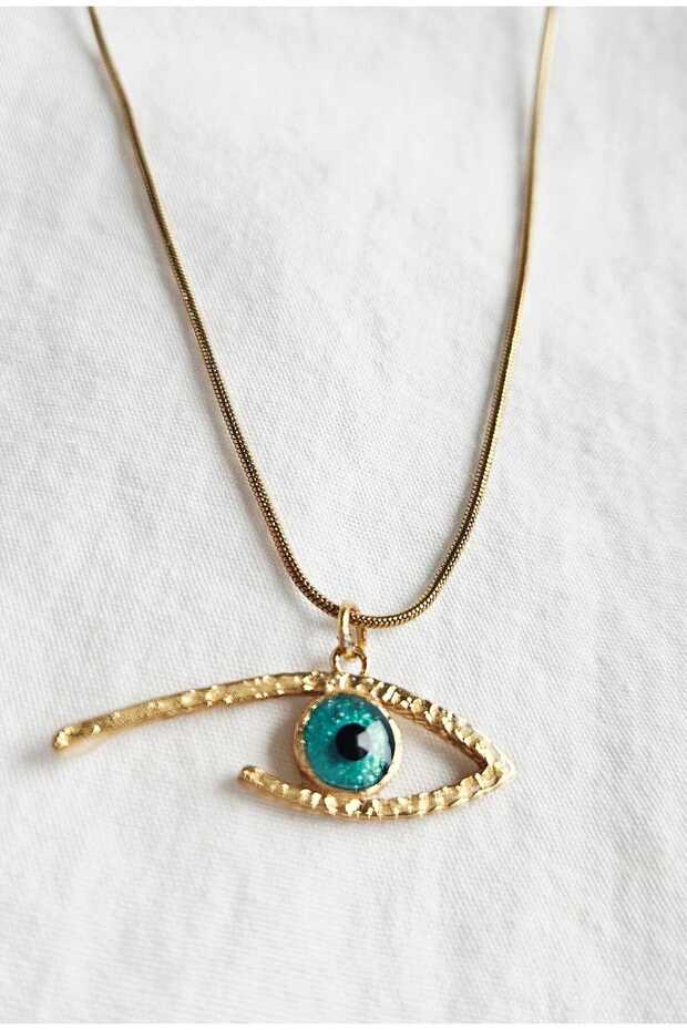 Stainless Steel Snake Chain Turquoise Eye Necklace-Gold