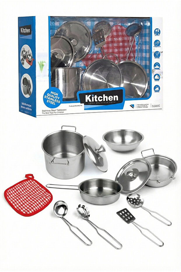 Stainless Steel Kitchen Toy Set for Kids 9 Pics Realistic Metal Pots Pans Playset Kids Kitchen Set