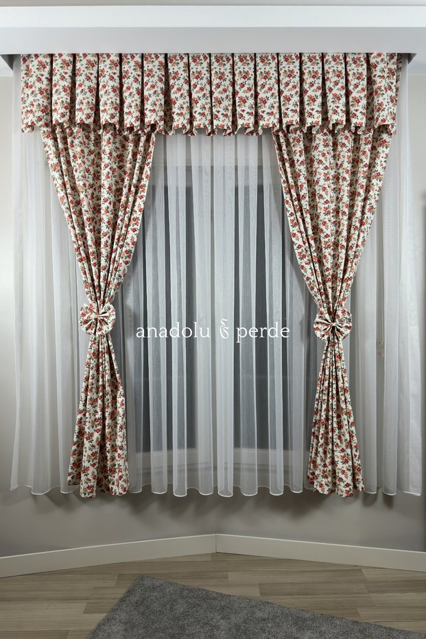 Fon Perde Colored Crispy Floral Patterned 1/3 Regular Pleat Cornice Compatible Modern Suitable for Any Room