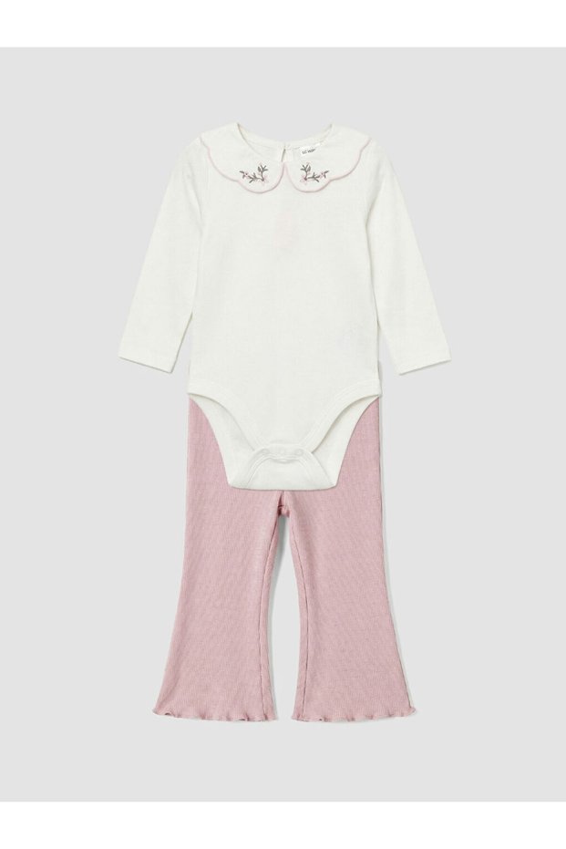 Giyçık Storeden Ecru Embroidered Baby Girl Snap-On Bodysuit and Leggings