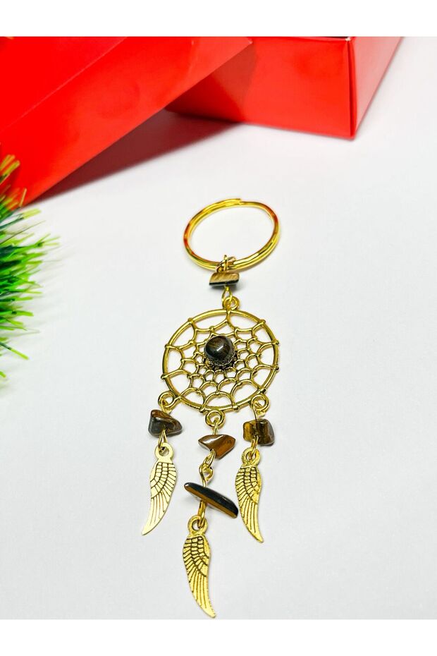 Dream Catcher with Tiger's Eye Stone Natural Stone Keychain – Protection from Negative Energies – Bag & Wallet Ornament