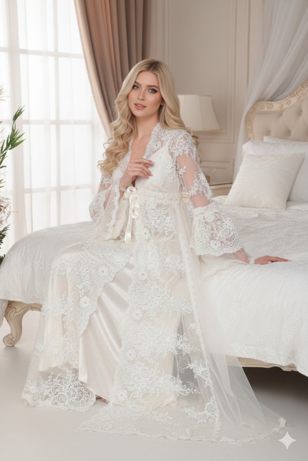 Women's Off-White Luxury Boxed Special Design Pearl Embellished Satin Nightgown and Tulle Robe Lingerie Bridal Set