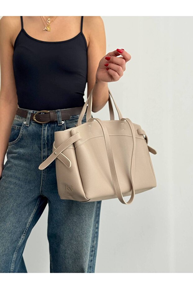 Quality Leather-Look Contrast Stitching in 1 Double Strap Hand and Shoulder Bag Width 13 cm Length 33 cm