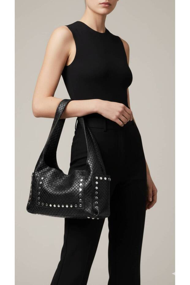 Large Size Staple Detailed Knitted Model Hand and Shoulder Bag Height 22 cm Width 44 cm