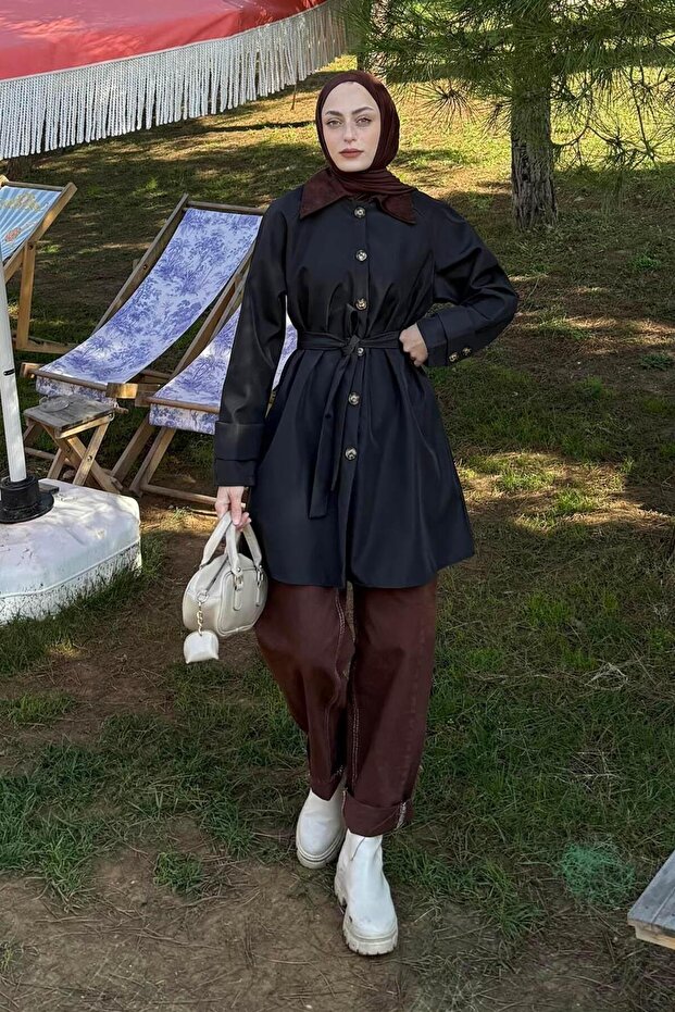 Collar Detailed Short Trench Coat Black