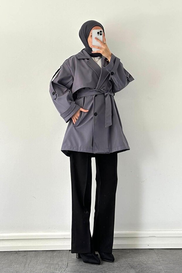 Trench Coat with Shoulder Epaulettes Stone Gray