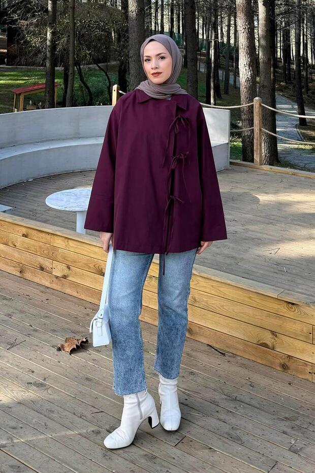 Bow Detailed Trench Coat Plum