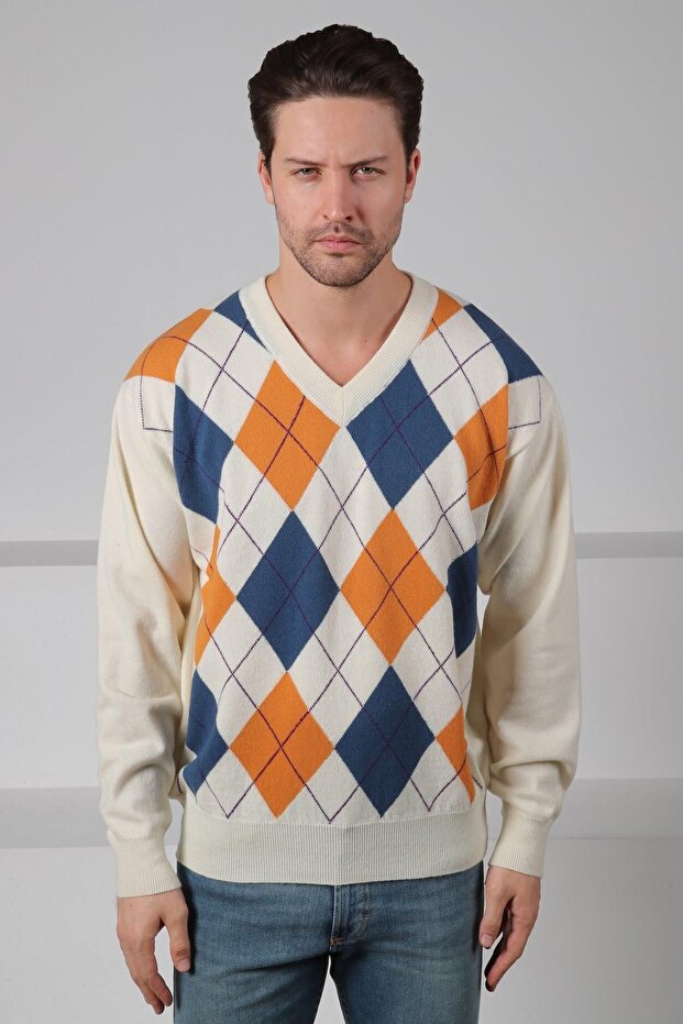 Ecru/Orange V-Neck Colorful Diamond Patterned 100% Lamb Wool Men's Knitwear Sweater