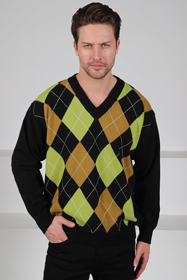 Black/Green V-Neck Colorful Argyle Pattern 100% Lamb Wool Men's Knitwear Sweater