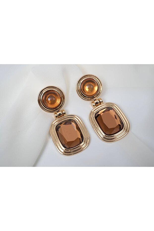 Bkp073 Amber Toned Stone Gold Square Dangle Earrings