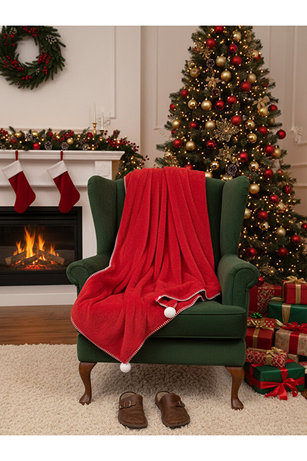 Christmas Themed Shepherd Stitched Snowflake Pompom Detailed Red Wellsoft Blanket