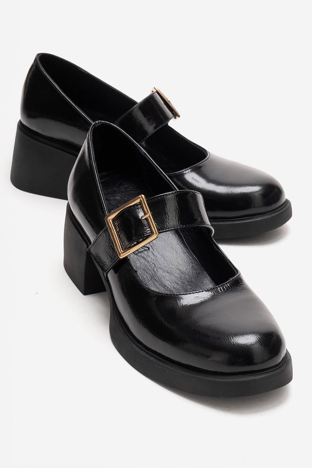 Genuine Leather Black Patent Leather Heeled Mary Jane Women's Shoes Buckled and Strapped Mid-Heel Classic Heels