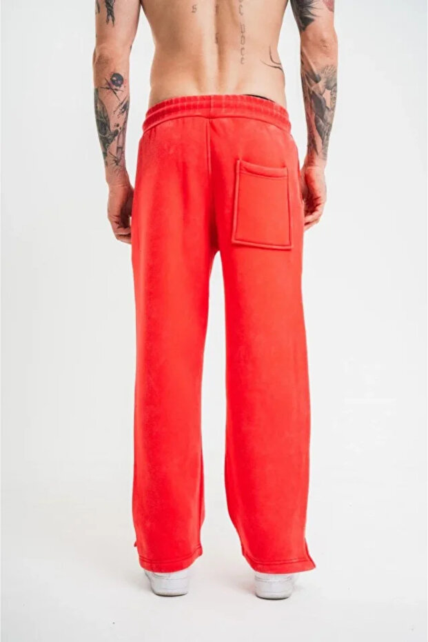 Slit Detailed Pipe Leg Baggy Sweatpants - Red - 2