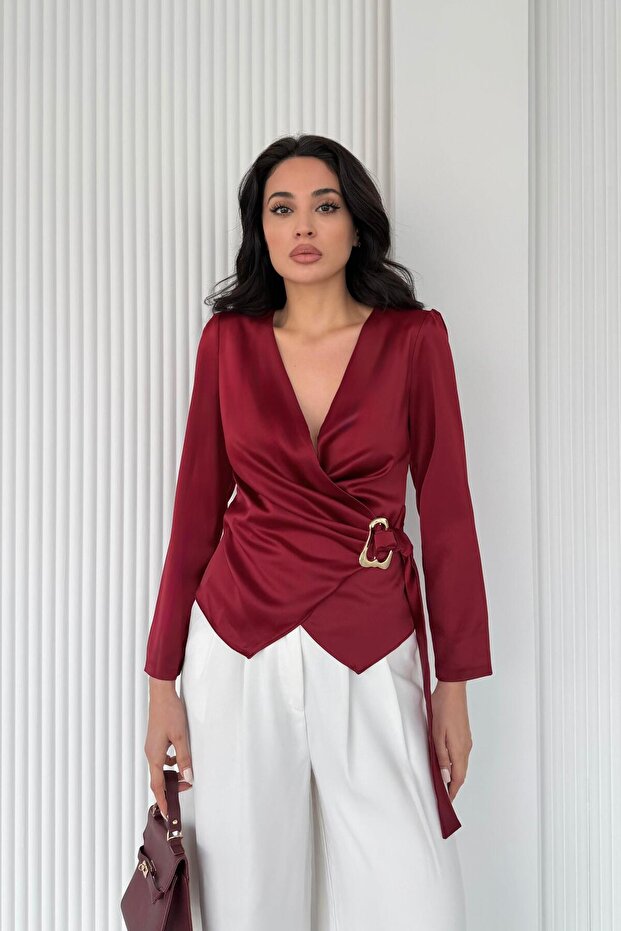 Burgundy Double-Breasted Collar Buckle Detailed Satin Blouse
