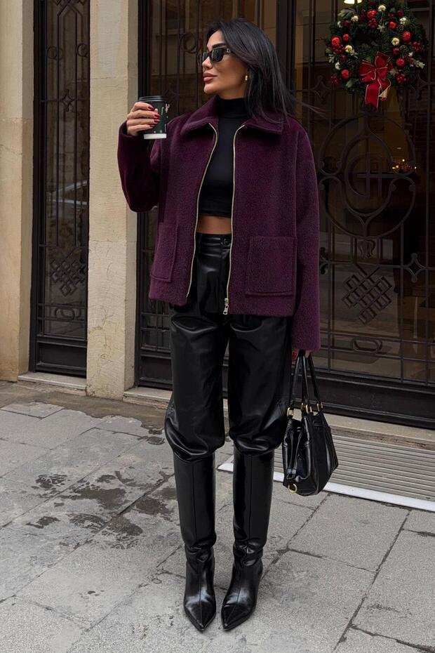 Men's Collar Zippered Fur Jacket 6165 R9-C-K2 - 3