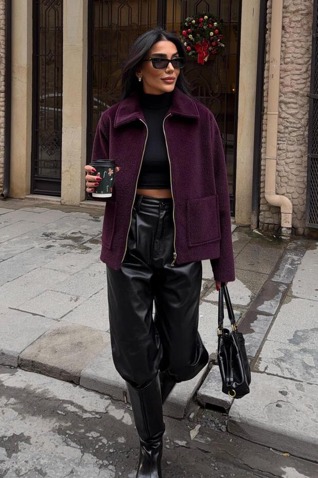 Men's Collar Zippered Fur Jacket 6165 R9-C-K2 - 2