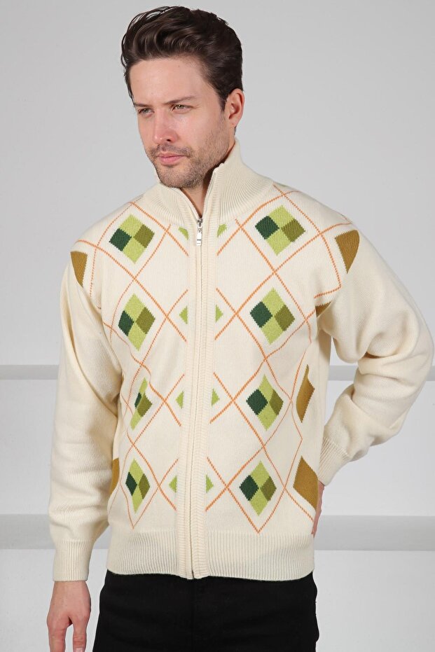 Ecru/Green Zippered Green Diamond Patterned 100% Lamb Wool Men's Knitwear Cardigan