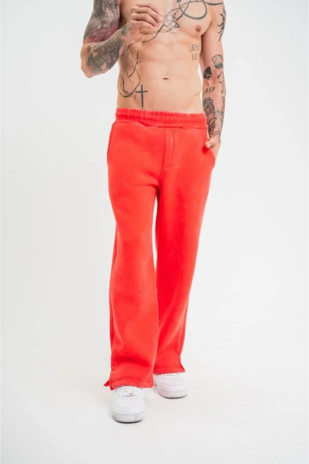 Slit Detailed Pipe Leg Baggy Sweatpants - Red - 1