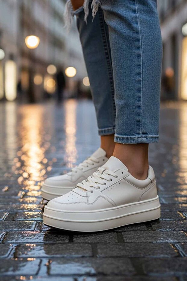 Women's Khaki Leather High Sole Sneaker Shoes White