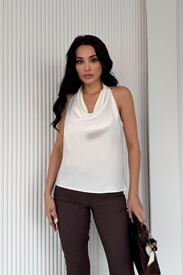 White Degaje Collar Flowy Satin Blouse