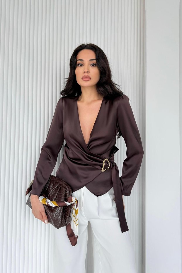 Brown Double-Breasted Collar Buckle Detailed Satin Blouse