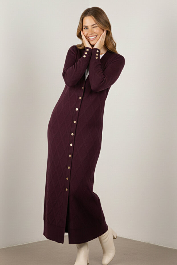 Patterned Long Mercerized Cardigan N3295 Plum