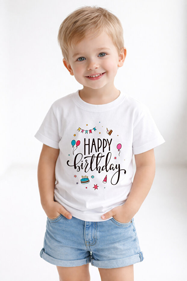 Birthday Happy Birthday Printed White Boy's T-Shirt