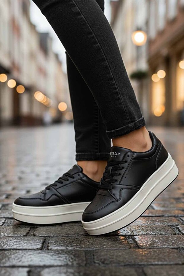 Women's Khaki Leather High Sole Sneaker Shoes Black