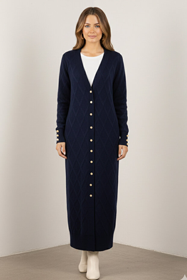 Patterned Long Mercerized Cardigan N3295 Navy Blue