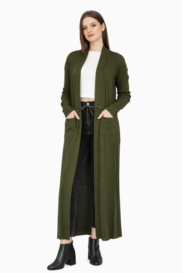 Women's Khaki Corded Fabric Long Cardigan - Fh0001