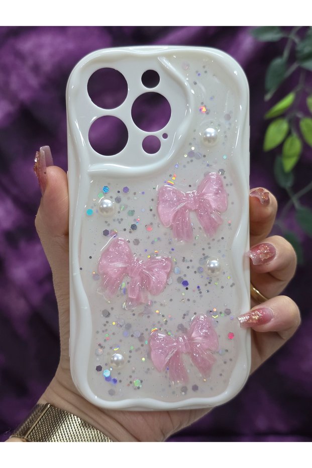 iPhone 15 Pro Compatible Pink Bow & Pearl Detailed Glittery Epoxy Phone Case