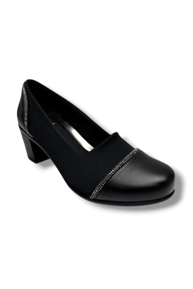 Oi 260-26 Stretch Leather Stripe Stone Anatomical Thick Mid-Heeled Women's Shoes