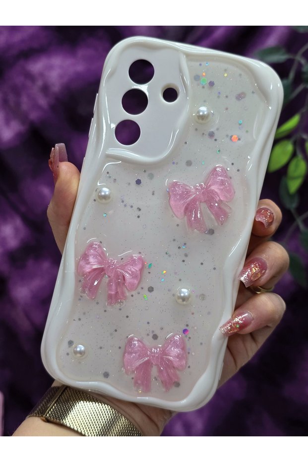 Samsung Galaxy A57 Compatible Pink Bow & Pearl Detailed Glittery Epoxy Phone Case