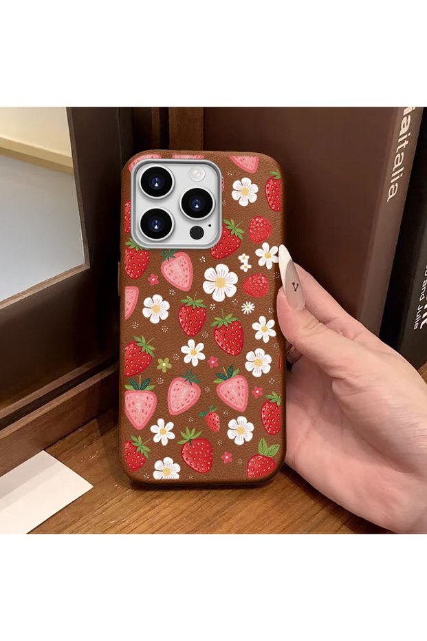 iPhone 15 Pro Max Compatible Phone Case Leather Texture Anti Fall Soft Silicone Strawberry