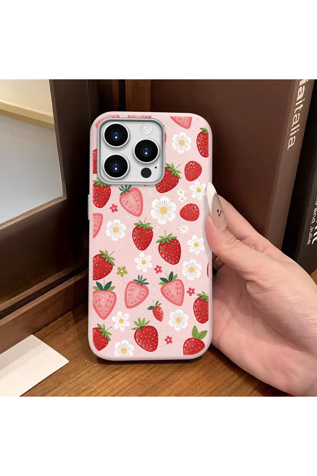 iPhone 14 Pro Max Compatible Phone Case Leather Texture Anti Fall Soft Silicone Strawberry