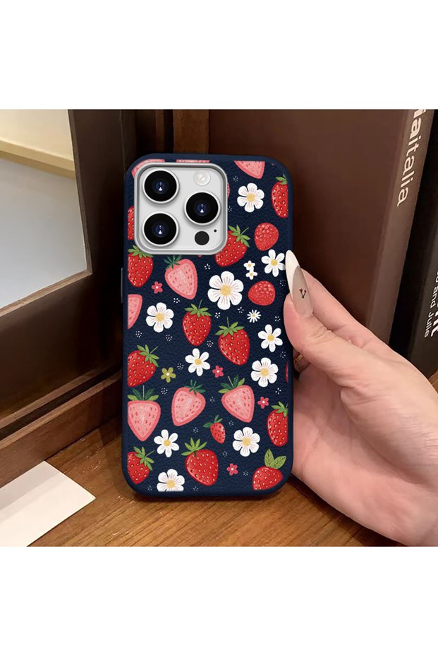 iPhone 14 Pro Max Compatible Phone Case Leather Texture Anti Fall Soft Silicone Strawberry