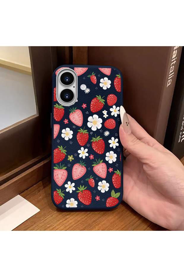 iPhone 16 Compatible Phone Case Leather Texture Anti Fall Soft Silicone Strawberry