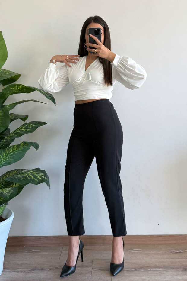 Women's High Waist Dabıl Fabric Elastic Waist Side Zipper Front Buttoned Carrot Leg Trousers - 3