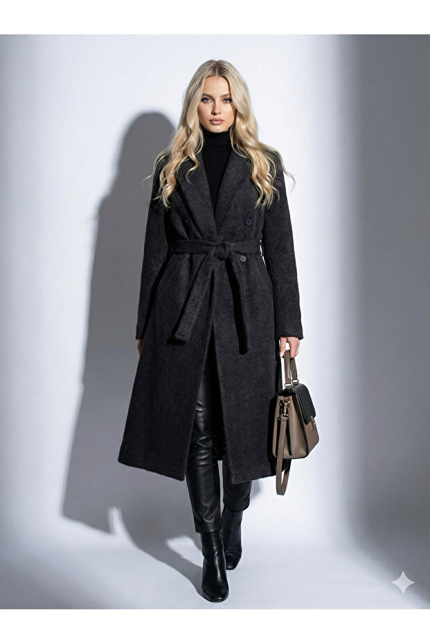 Women's Bearded Textured Double-Breasted Collar Lined Pocket Detailed Belted Buttoned Full Fit Fox Coat