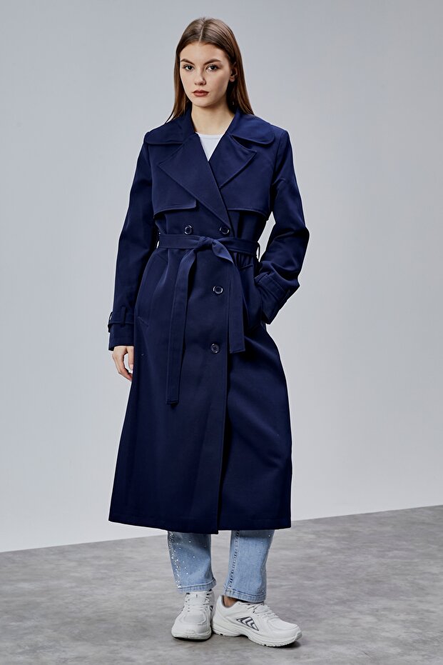 Navy Blue Regular Fit Windbreaker Detailed Trench Coat 46636